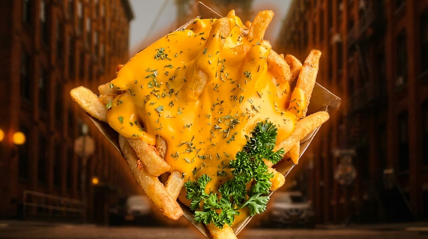 Cheesy fries topped with parsley in a paper container, against a blurred city street background.