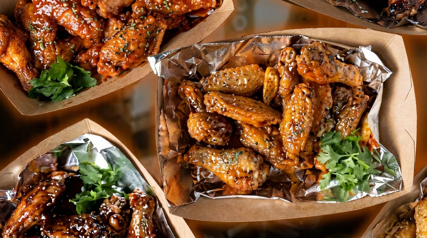 Three cardboard containers filled with various glazed chicken wings, garnished with fresh cilantro.