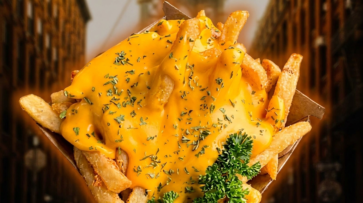 Golden french fries generously topped with melted cheddar cheese, parsley, and herbs, against a city backdrop.