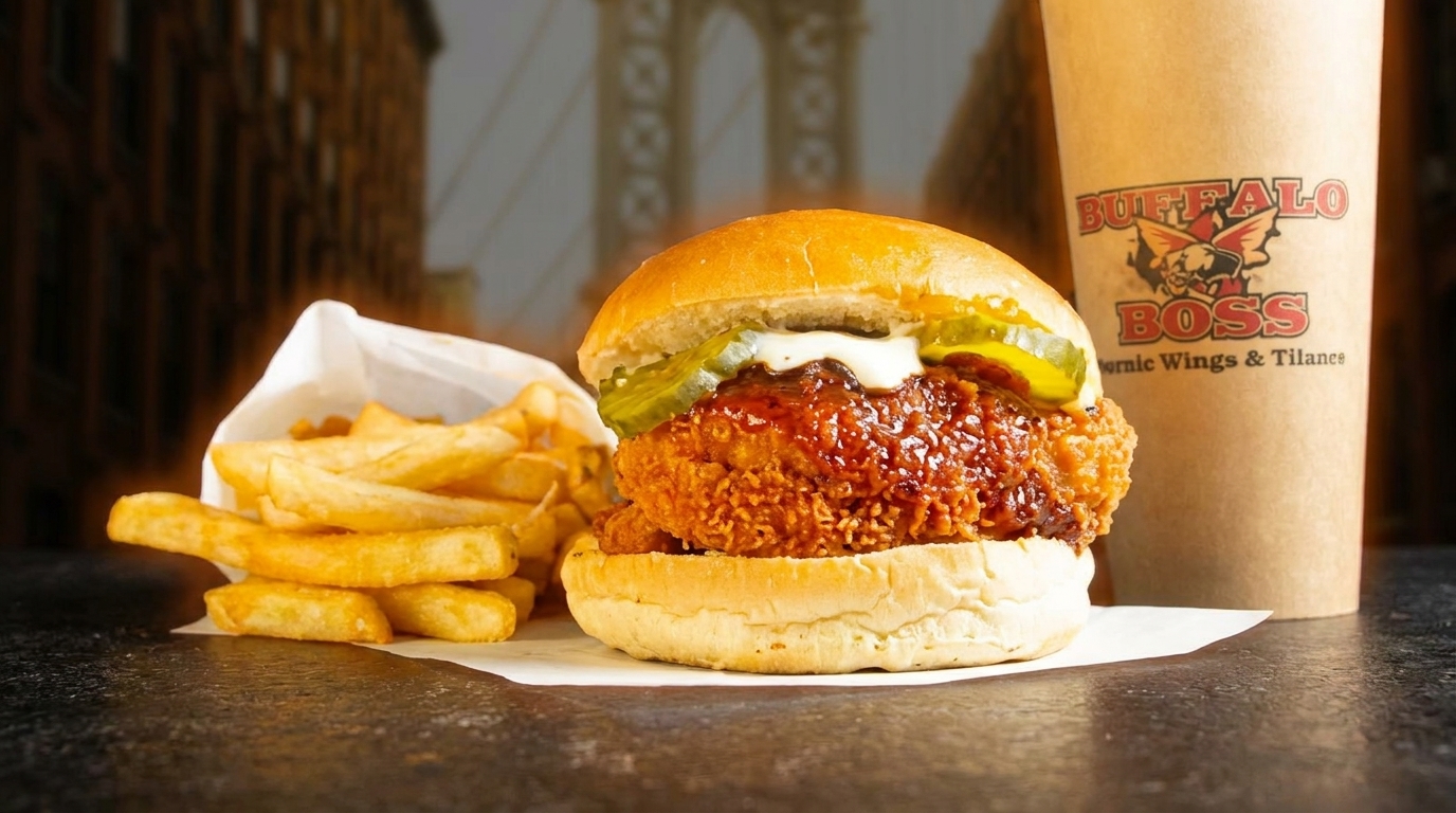 Buffalo Boss fried chicken sandwich with pickles and sauce, fries, and a branded cup.