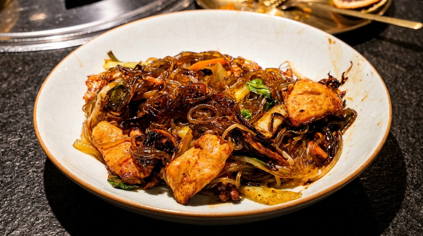 Close-up of a bowl of Korean japchae with glass noodles, vegetables, and chicken pieces.