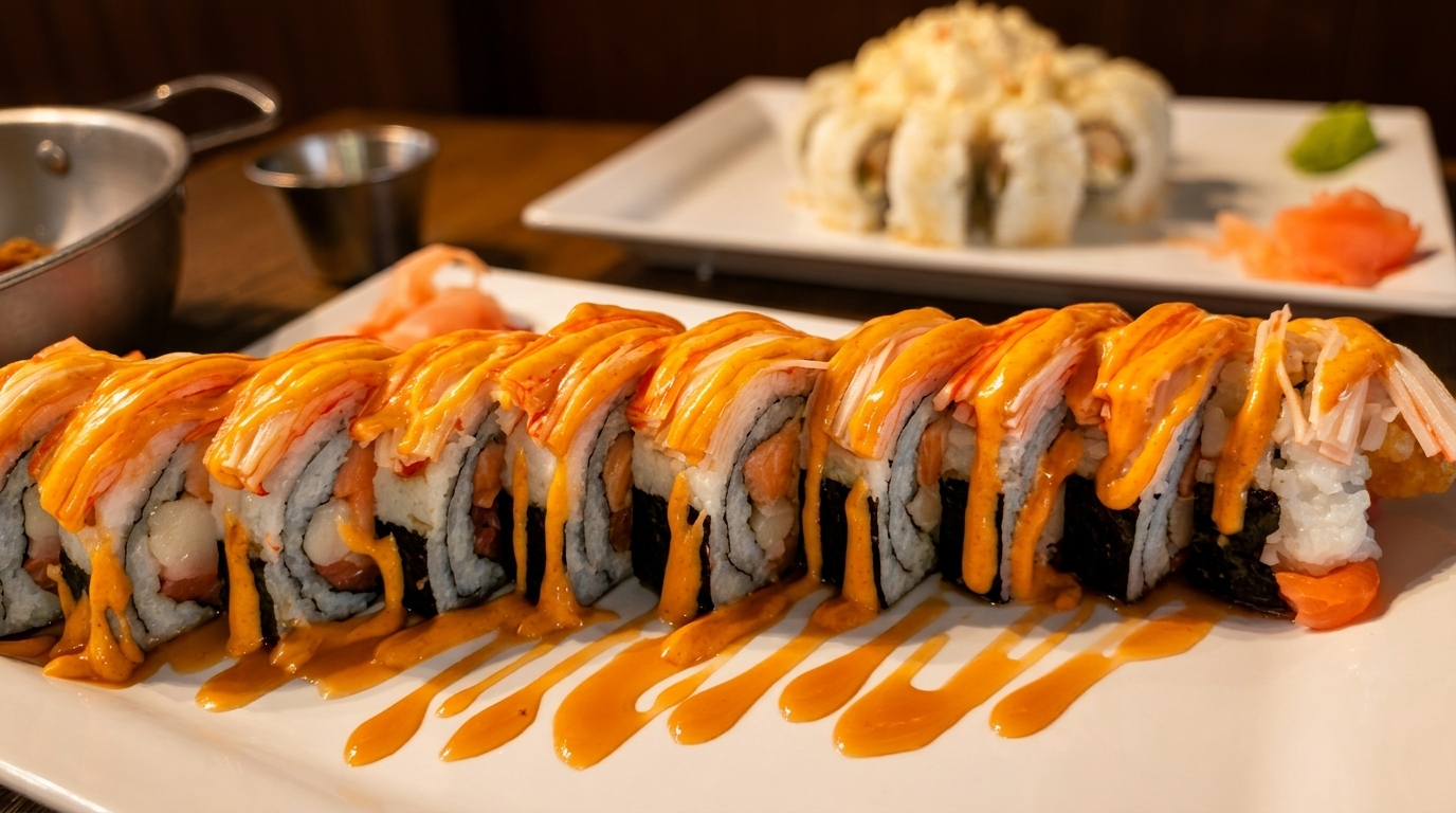 Sushi rolls with orange sauce and crab meat on a white plate, with more sushi in the background.