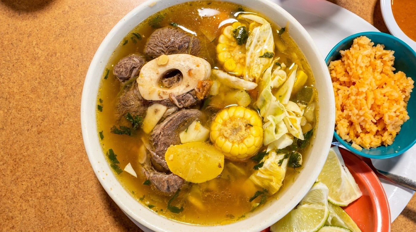 Hearty beef soup with corn, cabbage, and potatoes, served with a side of rice and lime wedges.