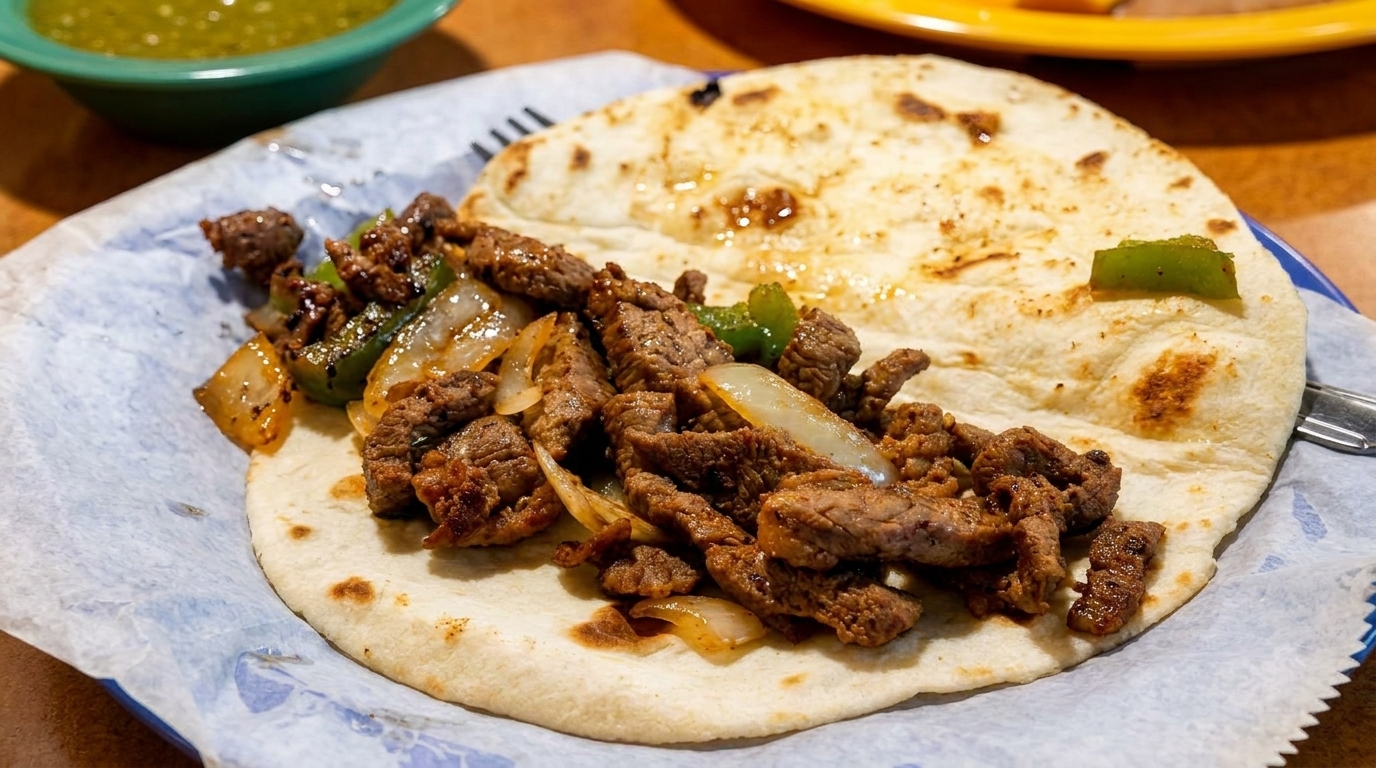 A beef fajita taco with grilled onions and green peppers on a flour tortilla.