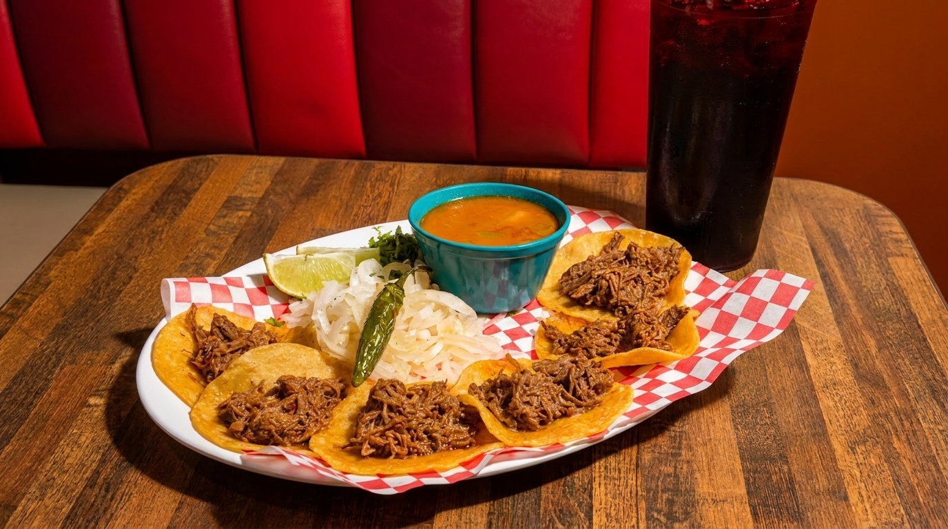 A plate of birria tacos with consommé, pickled onions, lime, and a drink on a wooden table.
