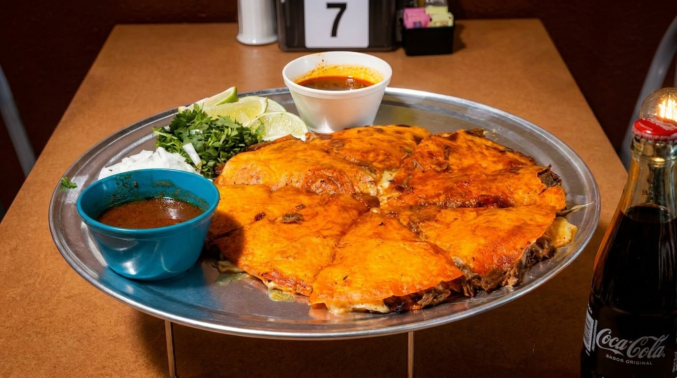 A large birria quesadilla with cilantro, onions, lime, and two dipping sauces on a metal tray.