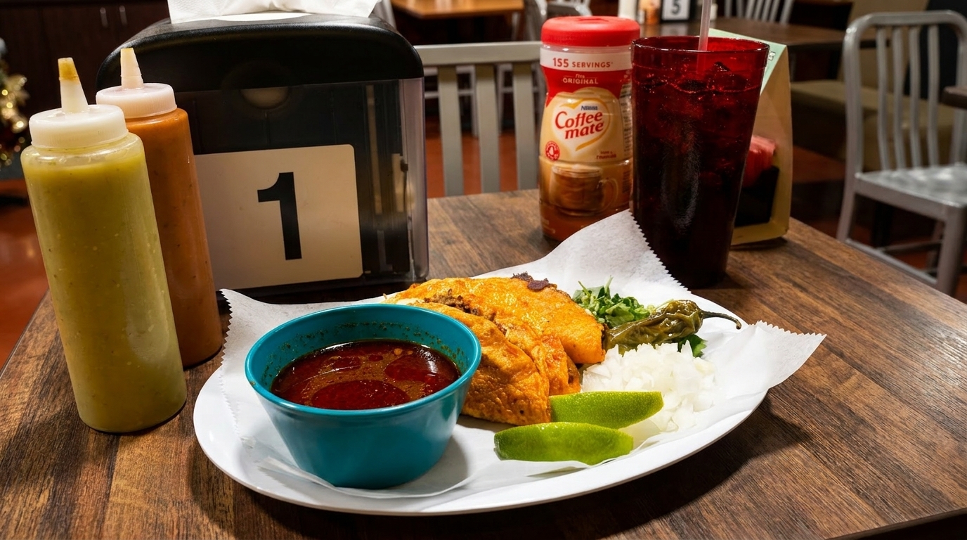 Birria tacos with consommé, limes, onions, and peppers on a wooden table with hot sauces.