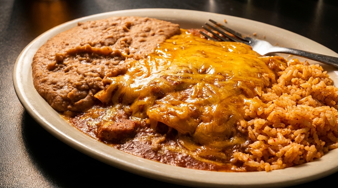 A plate of cheesy enchiladas, refried beans, and Spanish rice with a fork.