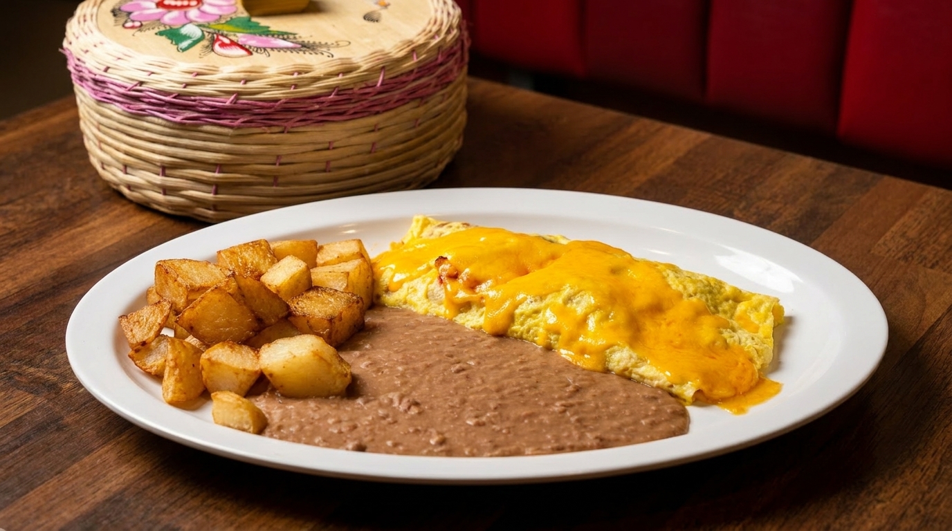 Cheesy omelet with roasted potatoes and refried beans on a white plate, next to a woven basket.