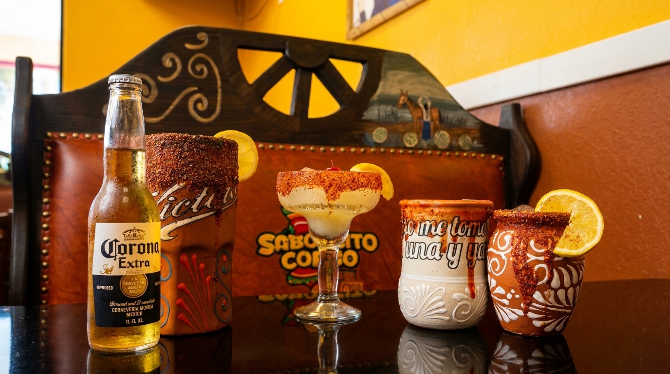 A Corona beer bottle and three festive, chili-rimmed drinks with lemon slices on a dark table.