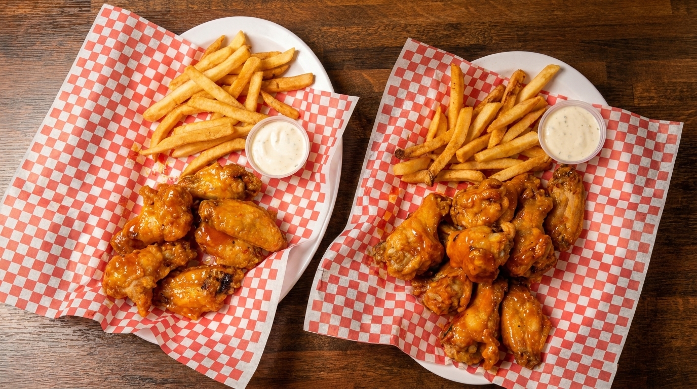 Two plates of chicken wings and french fries with dipping sauce on red and white checkered paper.