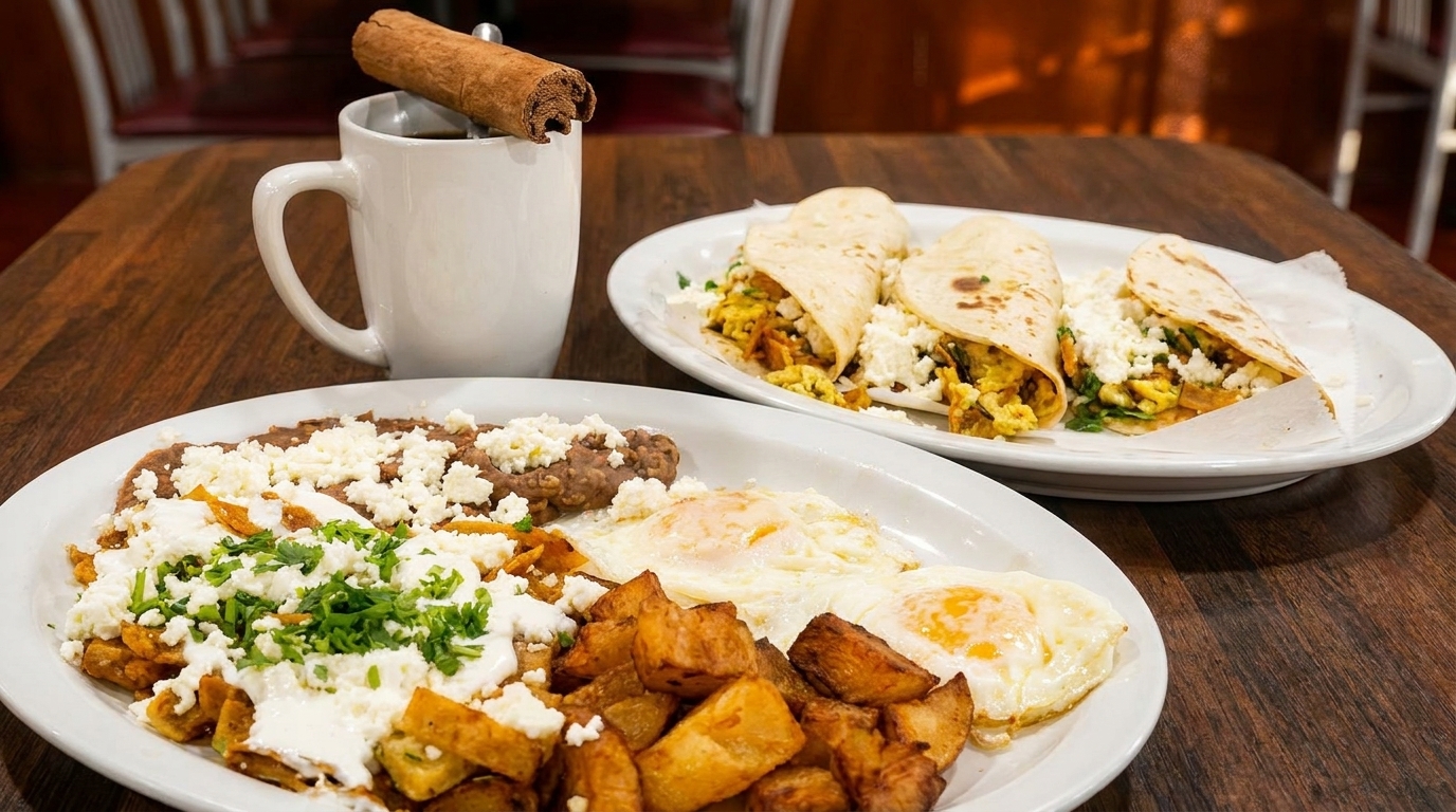 Plates of breakfast tacos, chilaquiles, fried eggs, and potatoes, with a coffee mug.