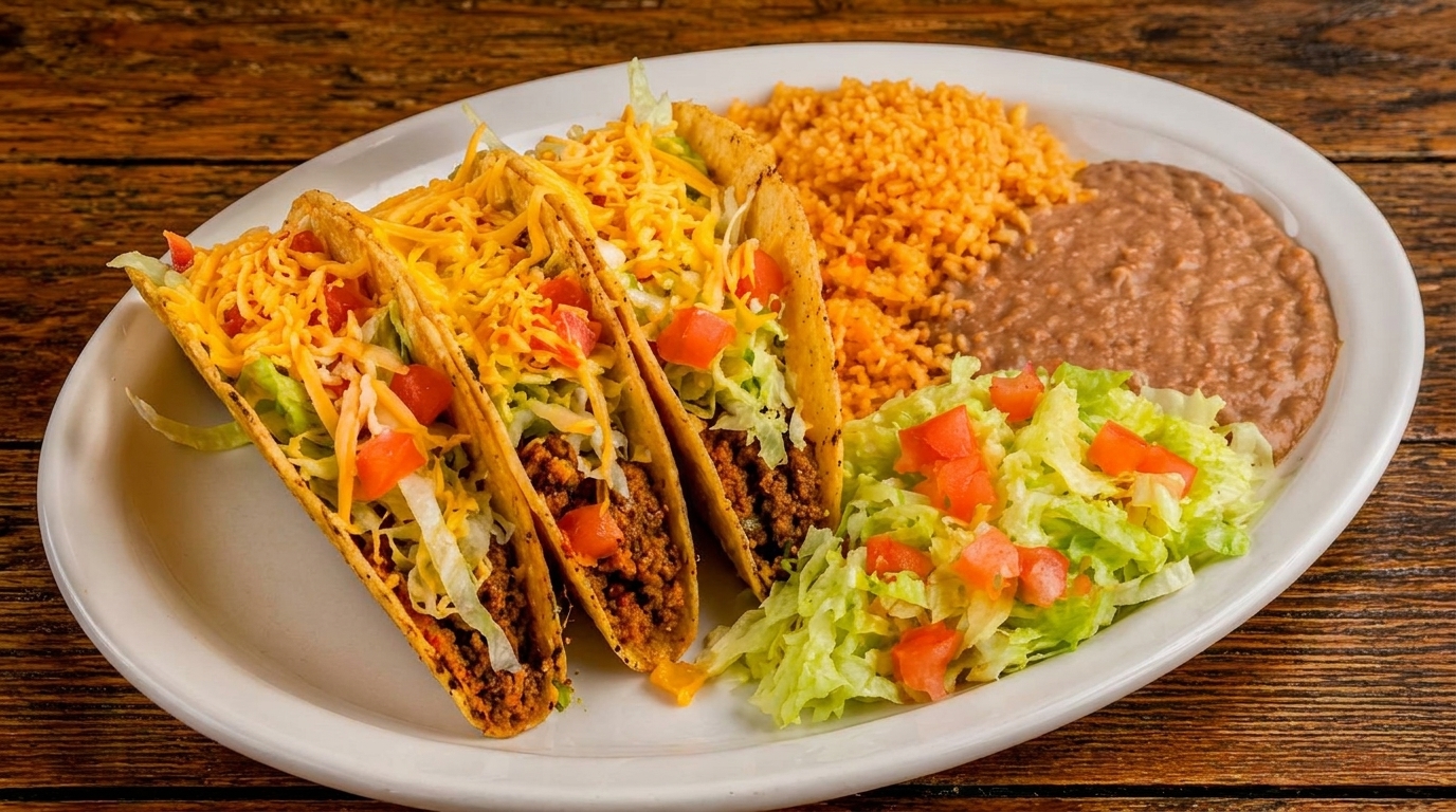 Three hard-shell tacos with ground beef, cheese, lettuce, and tomatoes, served with rice, beans, and salad.