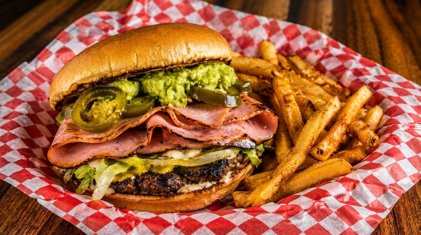 A loaded burger with ham, guacamole, and jalapeños, served with fries in a red checkered basket.