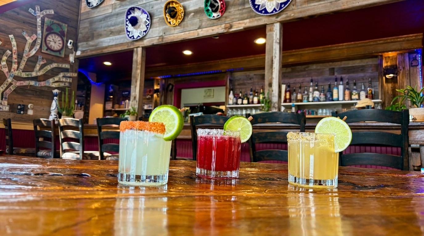 Three colorful margaritas with lime garnishes on a rustic wooden table in a vibrant Mexican restaurant.