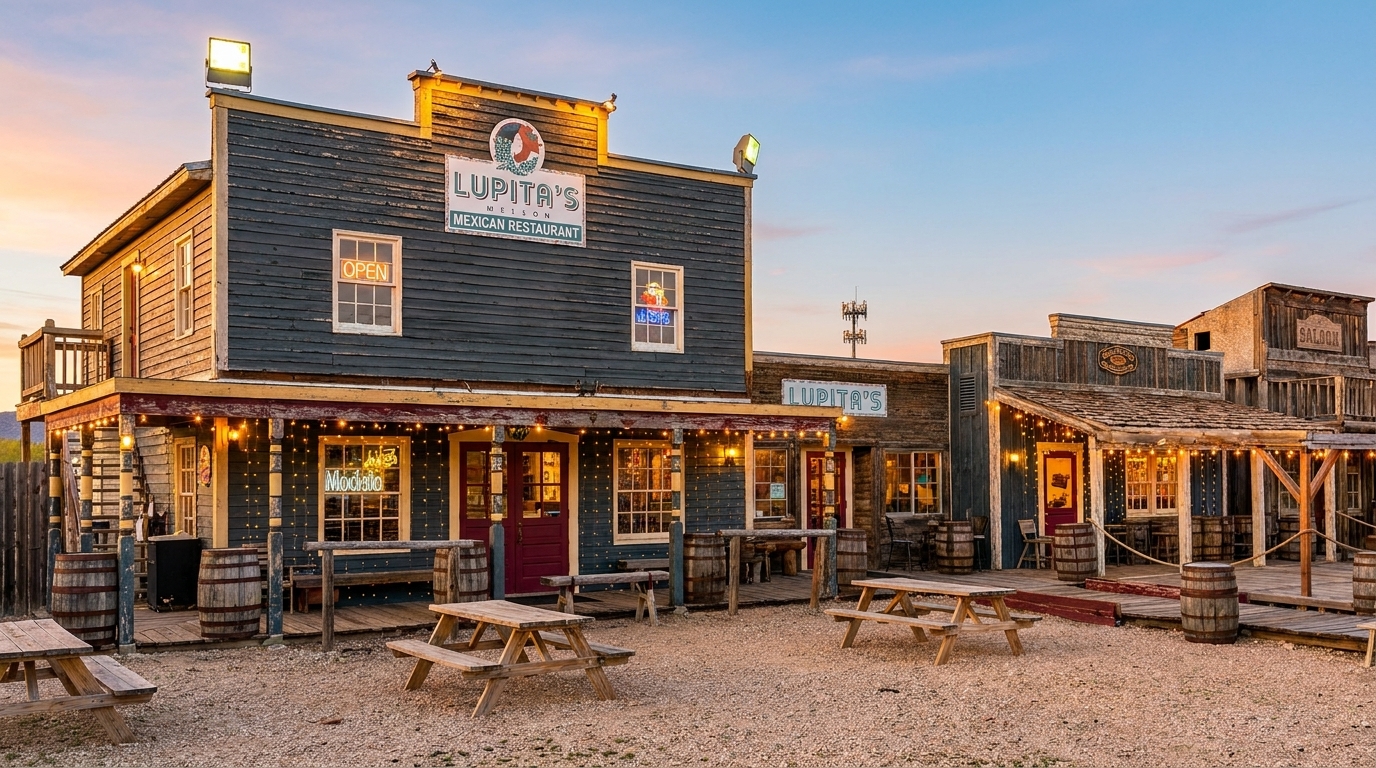 Lupita's Mexican Restaurant, a rustic building with string lights and outdoor picnic tables at dusk.