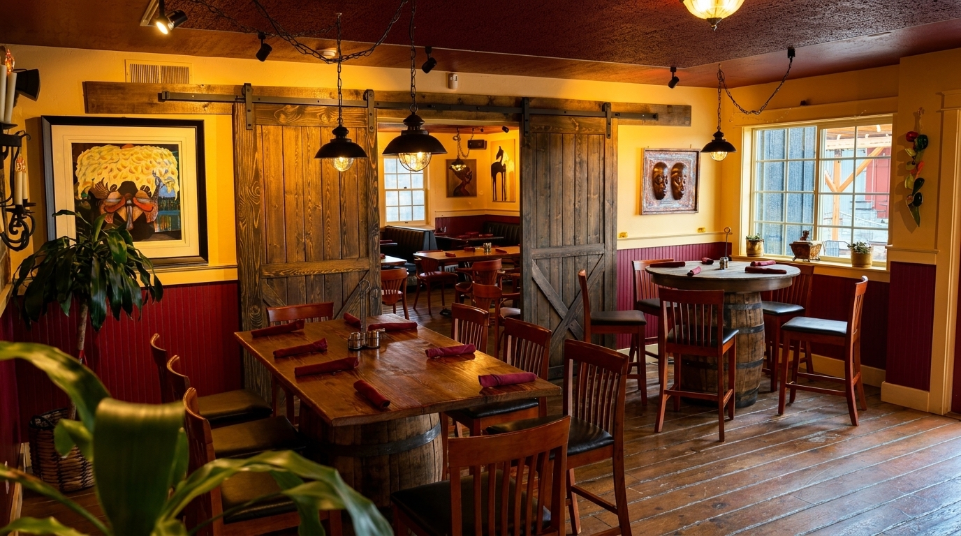 Warm, rustic restaurant interior with wooden tables, red wainscoting, and barn doors leading to another dining area.