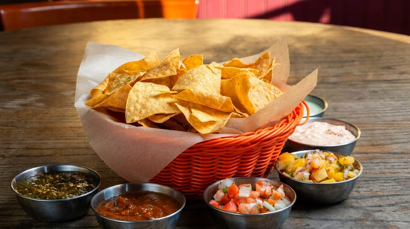 A basket of tortilla chips with five small bowls of various salsas and dips on a wooden table.