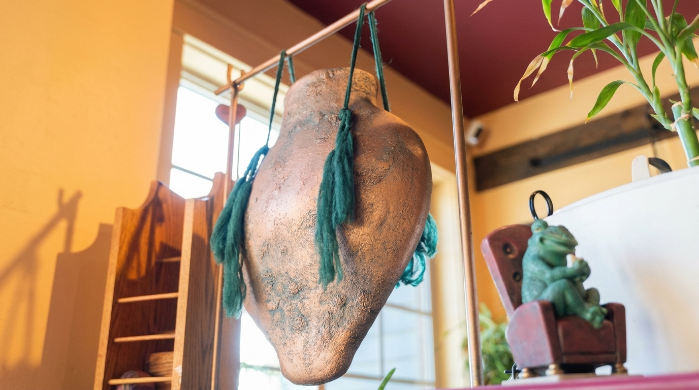 A large, textured, bronze-colored hanging pot with green tassels, next to a frog figurine.