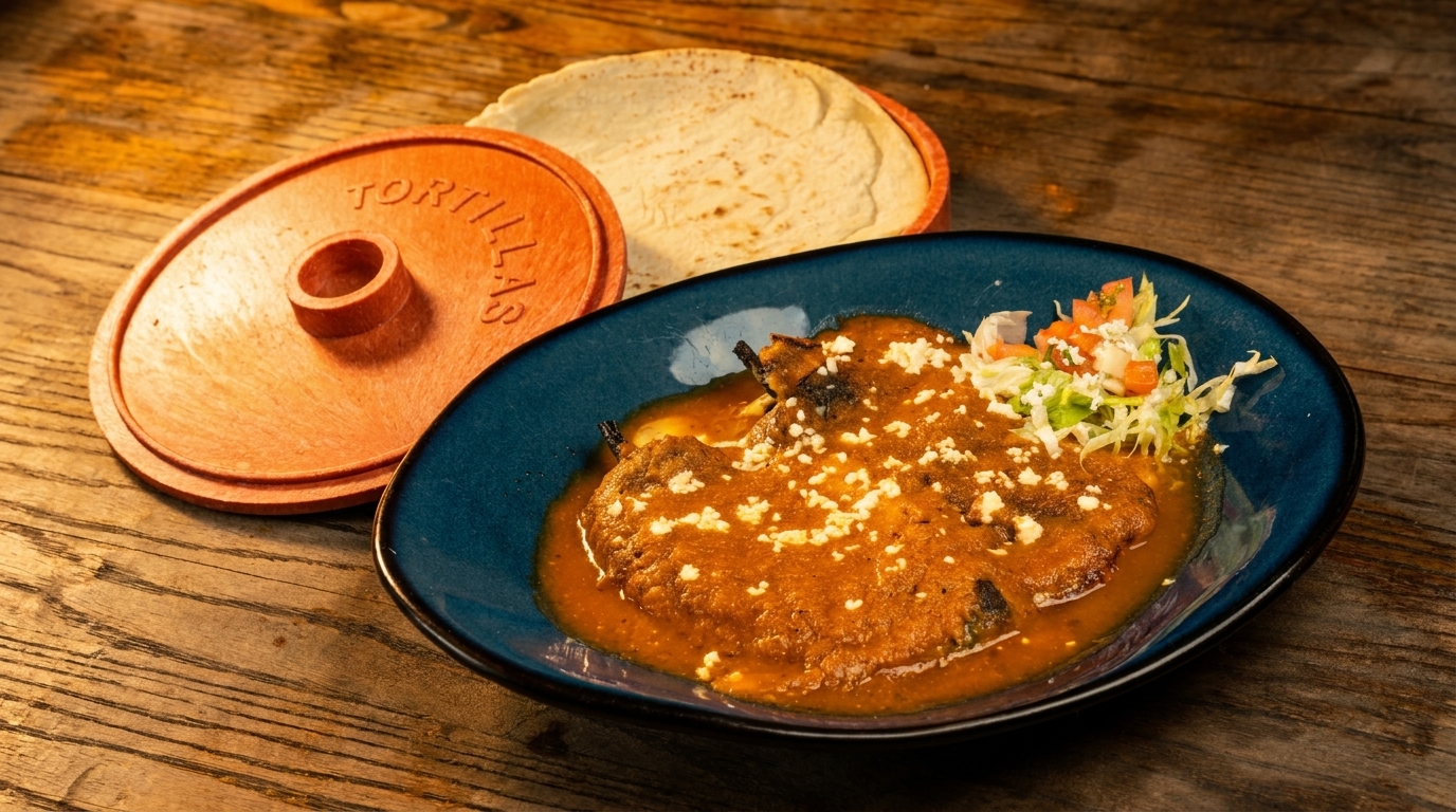 Chiles Rellenos in a blue dish with a side of tortillas and a terracotta tortilla warmer.