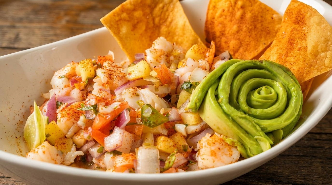 Shrimp ceviche with diced mango, red onion, and a swirl of avocado, served with tortilla chips.