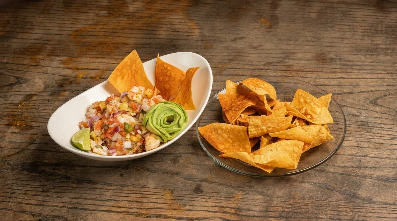 Ceviche with avocado, lime, and tortilla chips on a rustic wooden table.