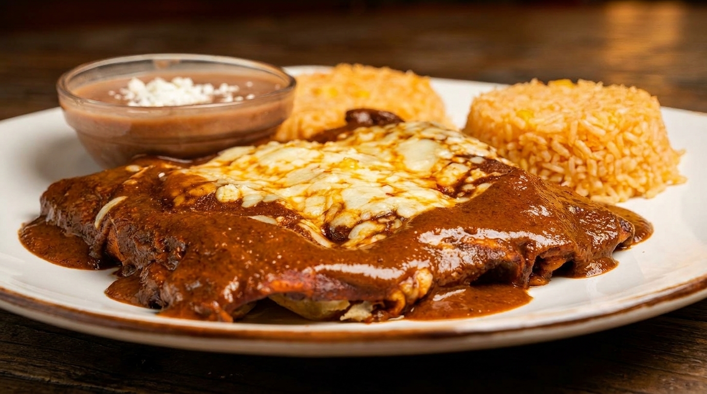 Enchiladas with rich mole sauce and melted cheese, served with rice and refried beans.