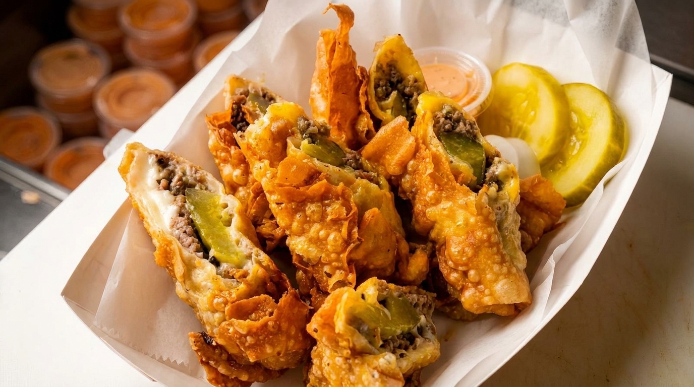 Crispy cheeseburger egg rolls with pickles, onions, and dipping sauce in a white paper tray.