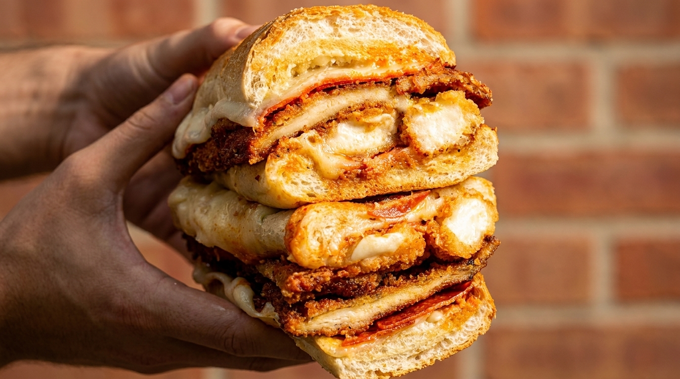 Hands holding a large, layered sandwich with fried chicken, pepperoni, and melted cheese.