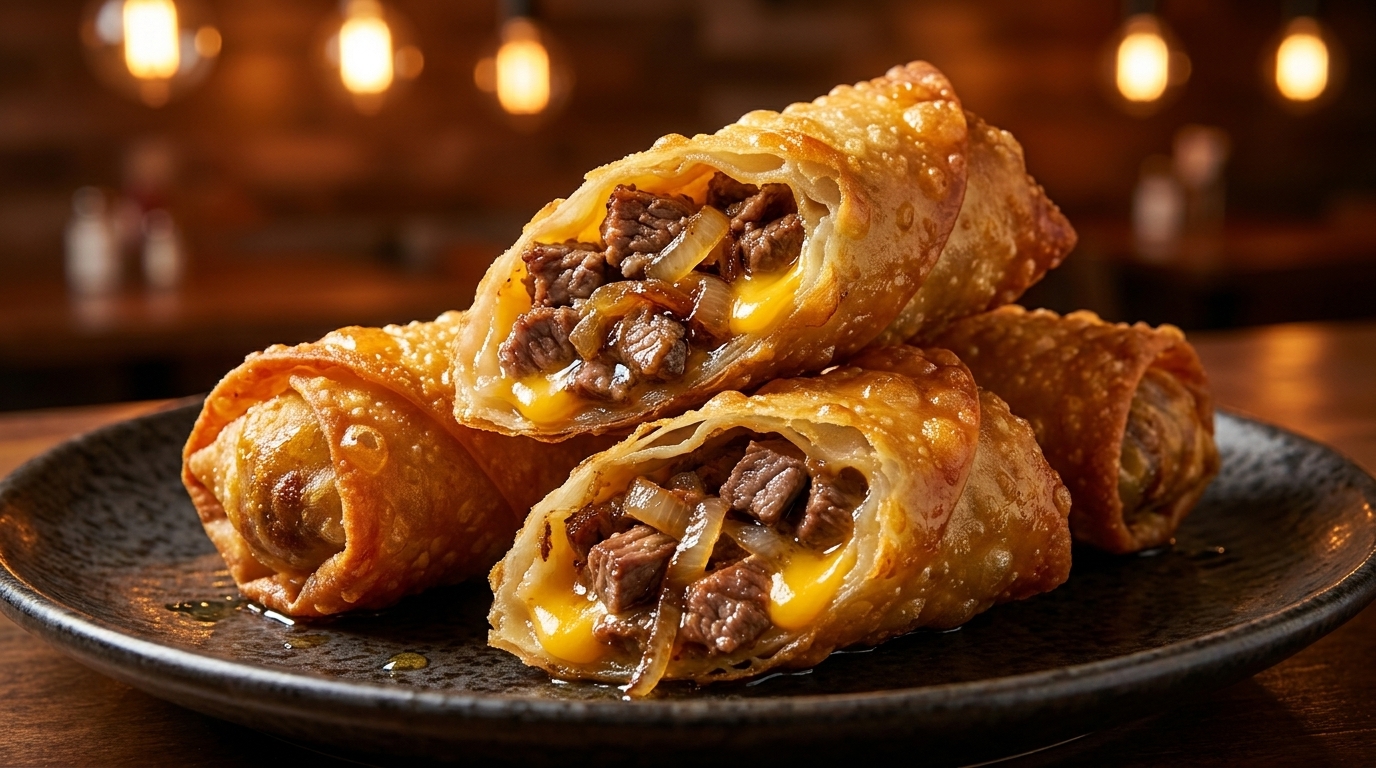 Crispy egg rolls filled with steak, caramelized onions, and melted cheese on a dark plate.