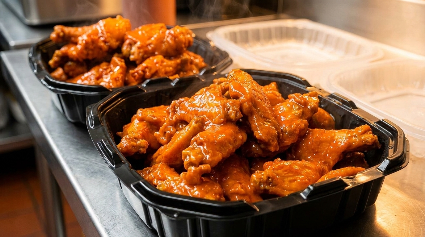 Two black containers filled with steaming, saucy buffalo chicken wings on a metal counter.