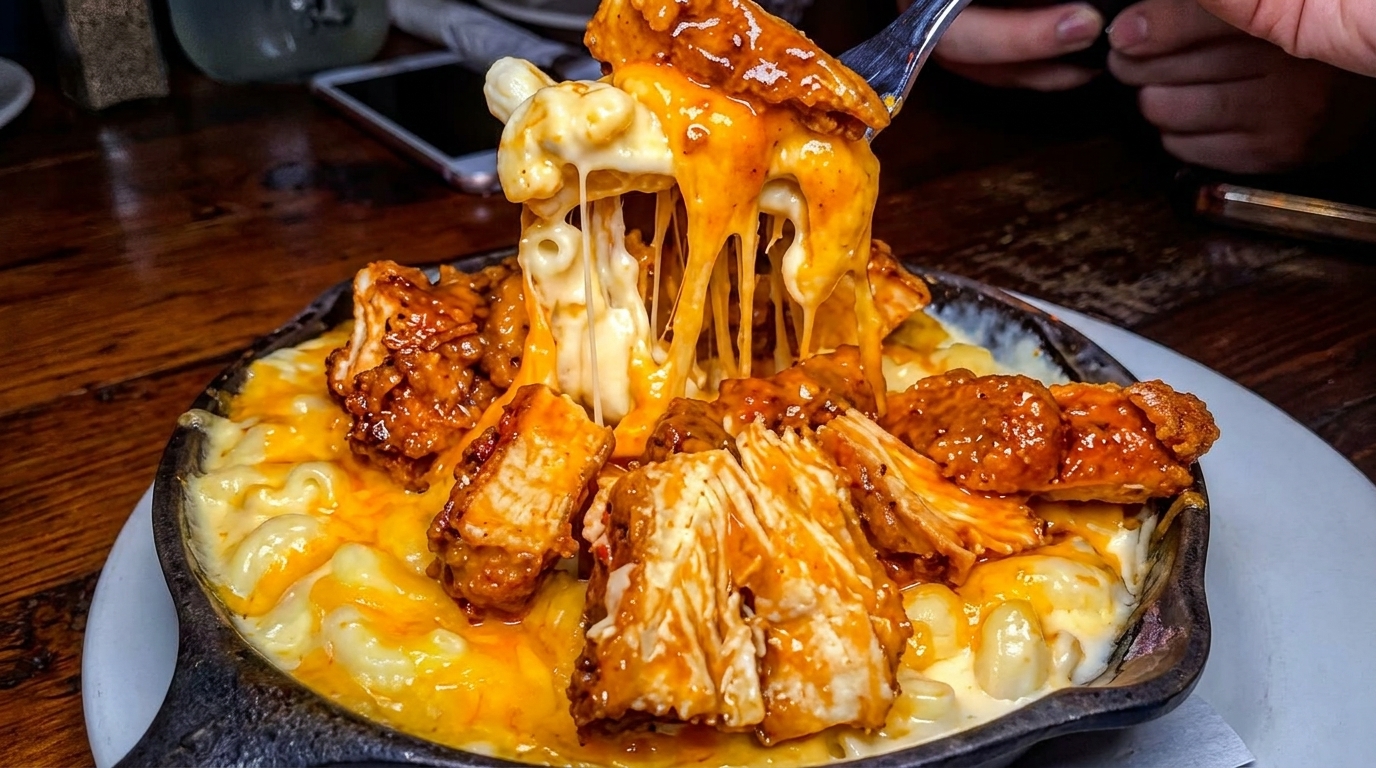 Cheesy mac and cheese with buffalo chicken in a skillet, with a fork lifting a gooey bite.