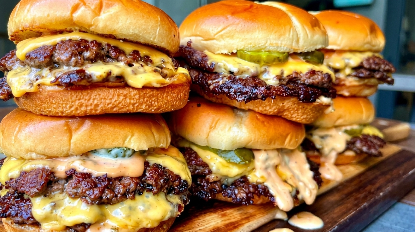A stack of multiple cheeseburgers with melted cheese, pickles, and special sauce on a wooden board.