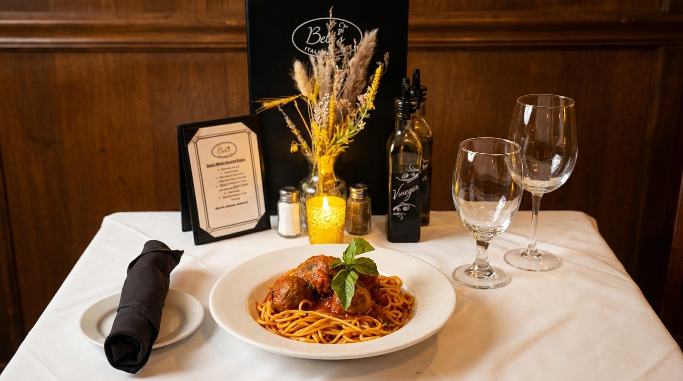 Spaghetti and meatballs with basil on a white plate, set on a table with wine glasses and menu.