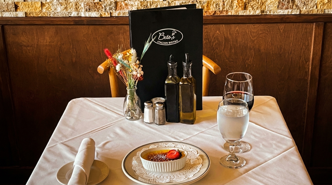 A Beto's Italian Bistro table set with creme brulee, wine, water, and menu.