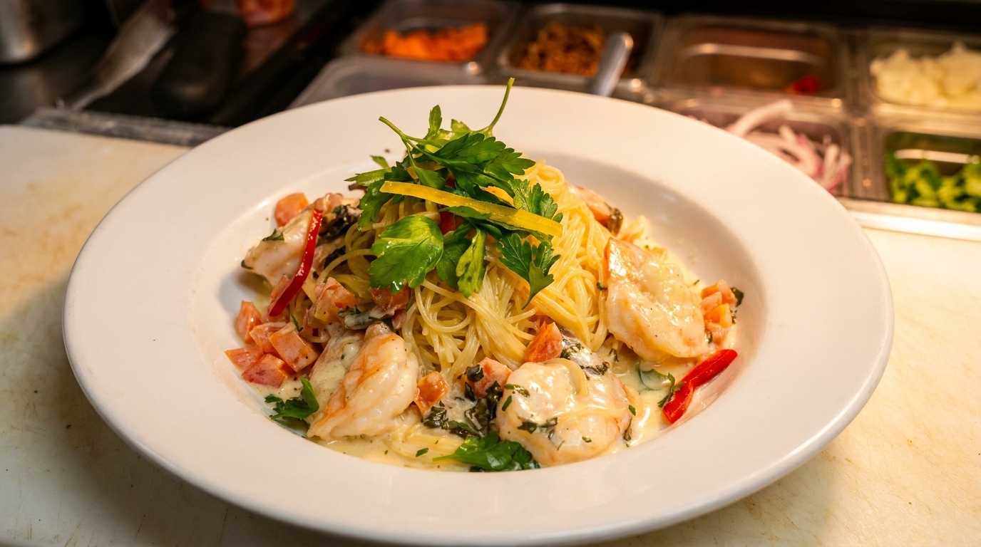 Shrimp scampi pasta with parsley and lemon zest, served on a white plate in a kitchen.