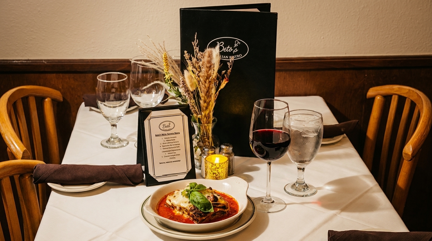 A Beto's Italian Bistro table set with lasagna, red wine, water, and menus.
