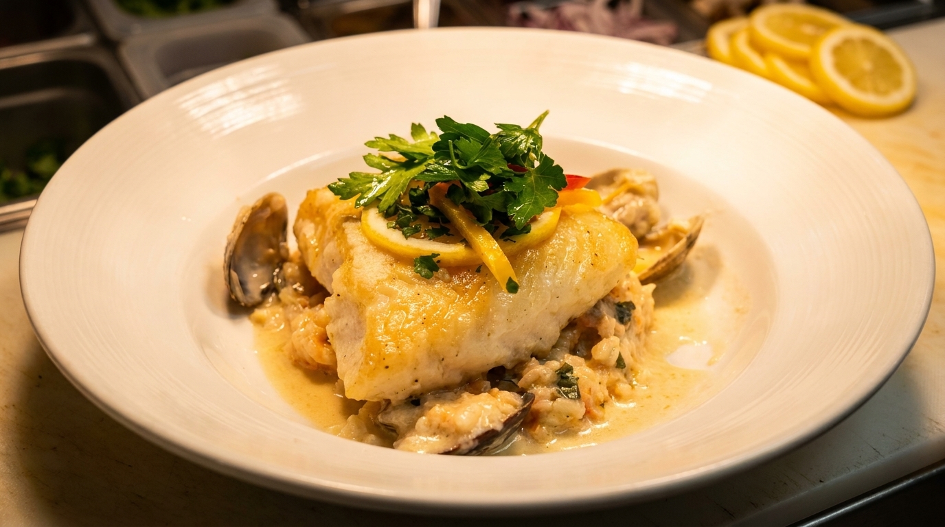 Pan-seared fish with clams, risotto, lemon slices, and parsley in a white bowl.