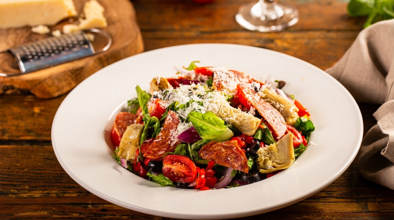 A vibrant Italian salad with salami, artichokes, tomatoes, and grated cheese on a rustic wooden table.