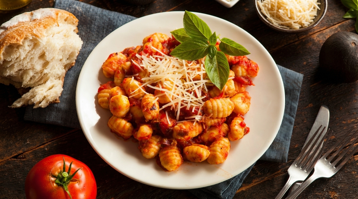 Plate of gnocchi with tomato sauce, parmesan, and basil, served with bread and tomato.