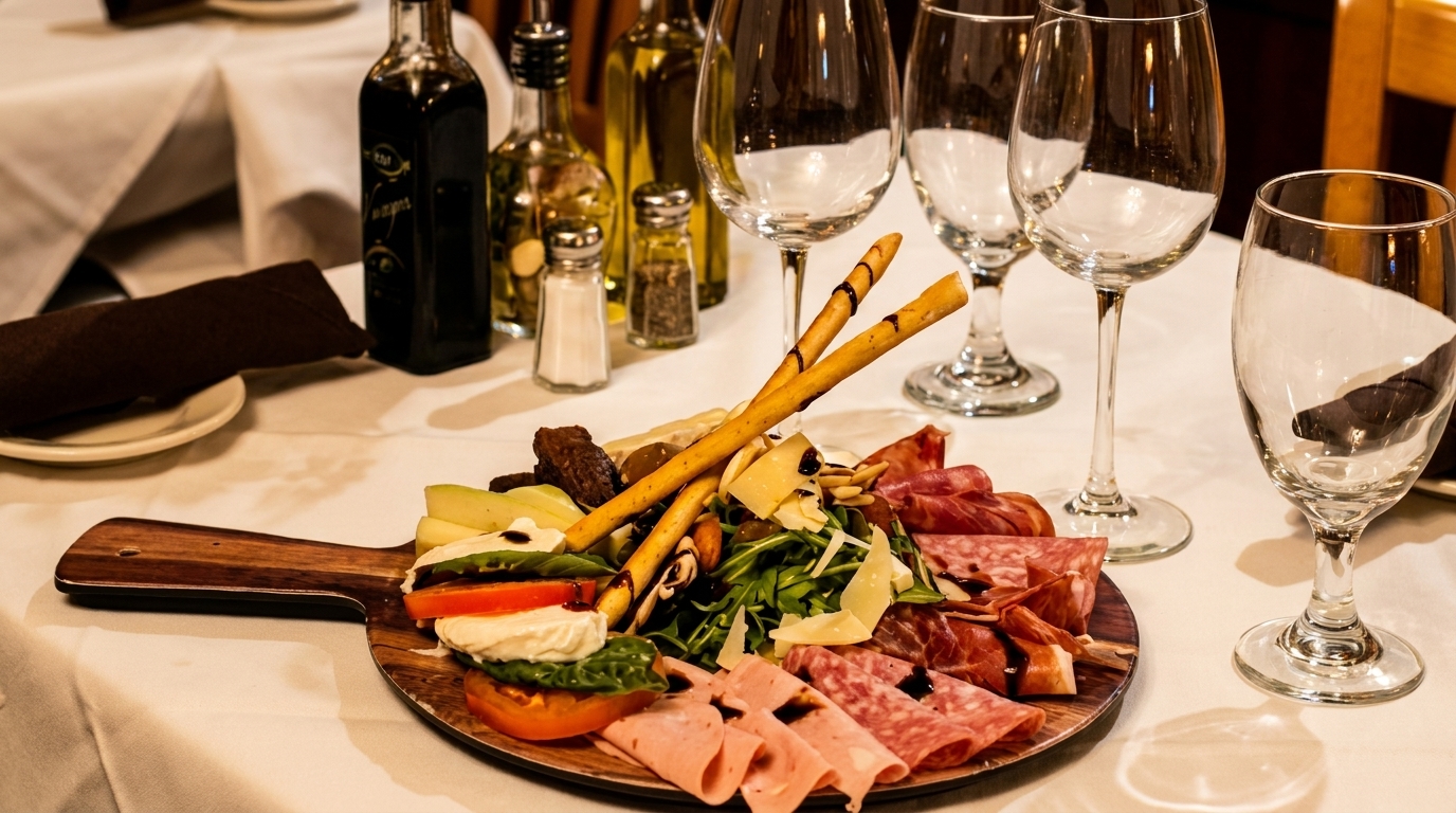 A charcuterie board with meats, cheeses, breadsticks, and caprese salad on a white tablecloth.