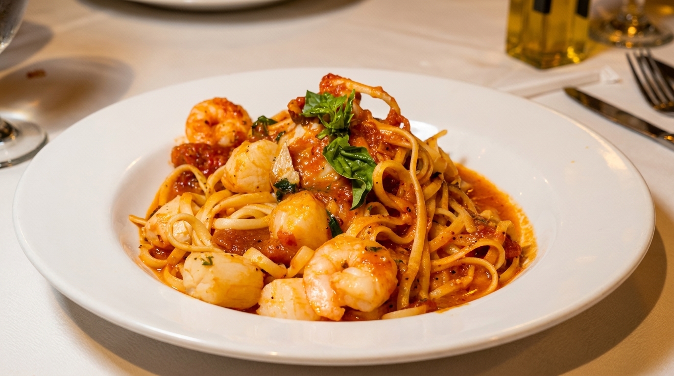 Linguine pasta with shrimp, scallops, and calamari in a red sauce, garnished with basil.