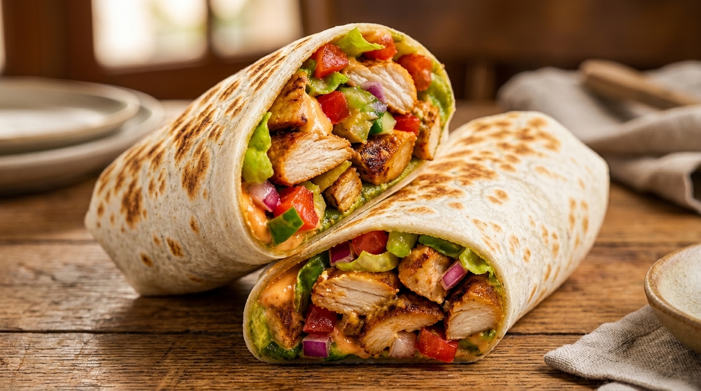 Two grilled chicken burritos, cut in half, filled with fresh vegetables and sauce on a wooden table.
