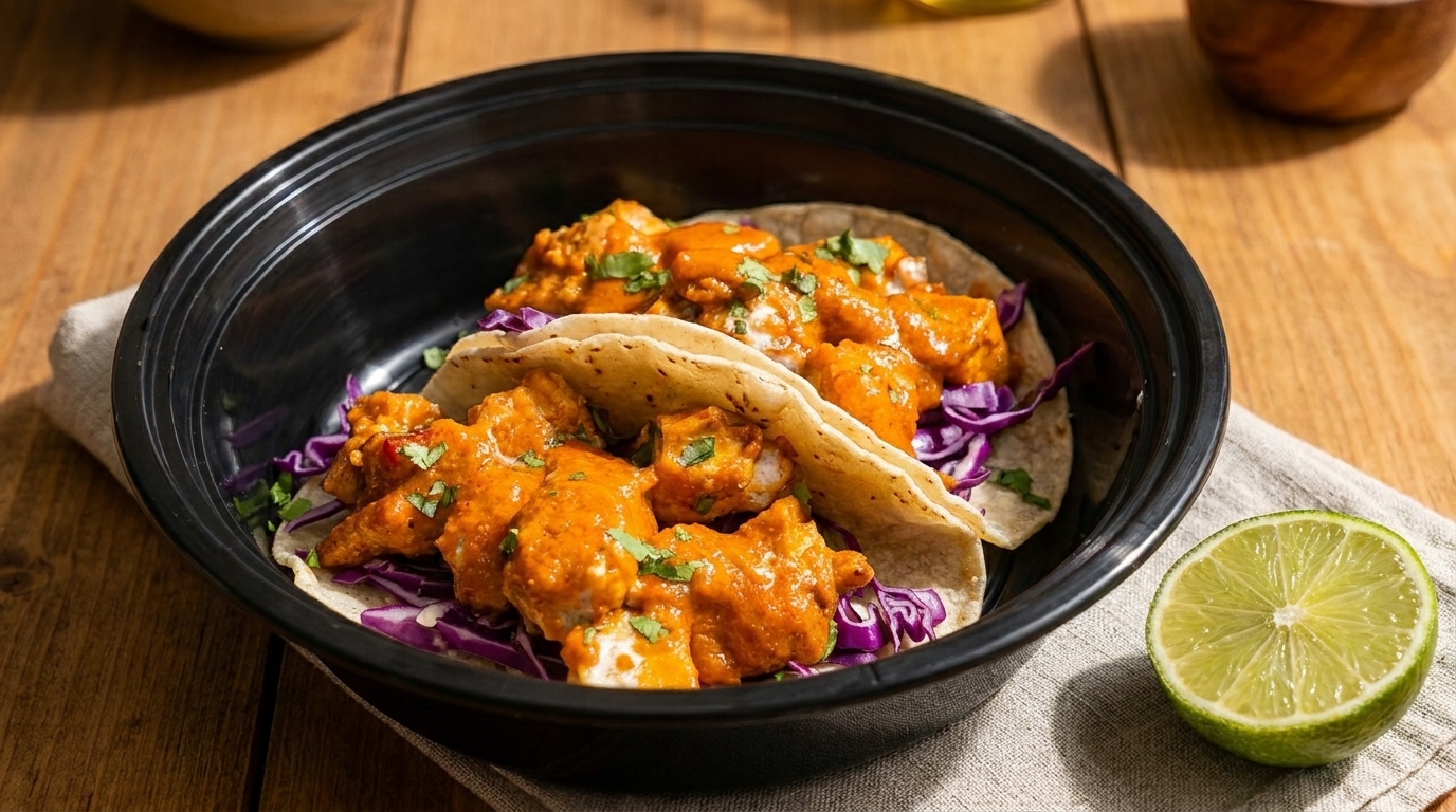 Two tacos with orange chicken, purple cabbage, and cilantro in a black bowl with a lime.