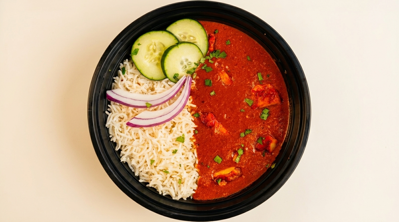 Overhead view of a black bowl with chicken tikka masala, rice, cucumber slices, and red onion.