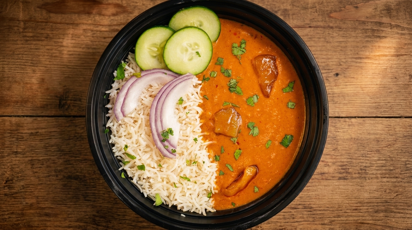 Overhead view of a black bowl with rice, red onion, cucumber, and orange curry.