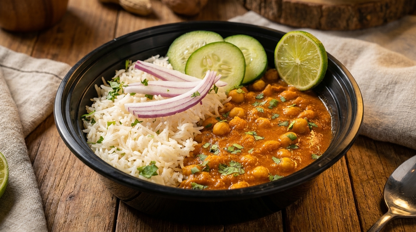 Chana Masala with rice, red onions, cucumbers, and lime in a black bowl on a wooden table.
