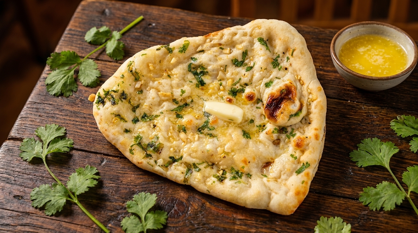 Garlic naan bread with cilantro and a pat of butter on a wooden board, with a side of melted butter.