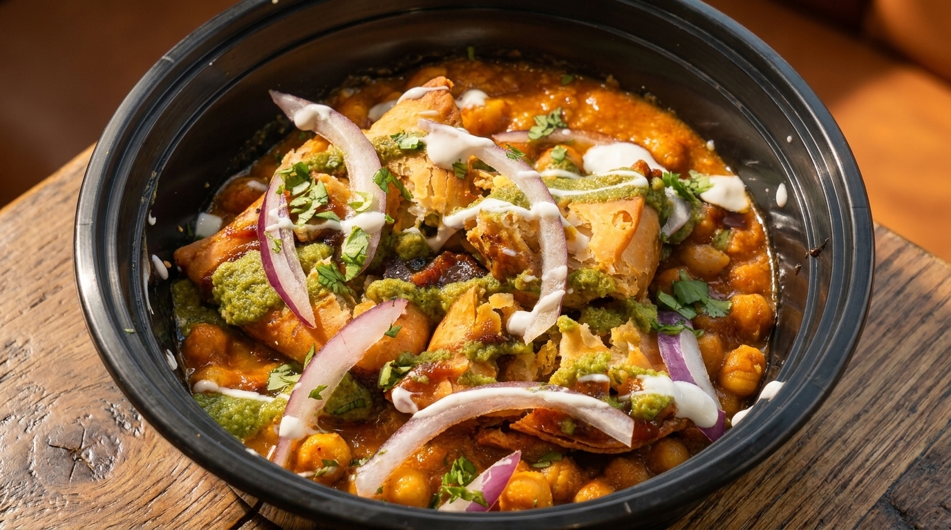 Samosa chaat in a black bowl, topped with chickpeas, sauces, red onion, and cilantro.