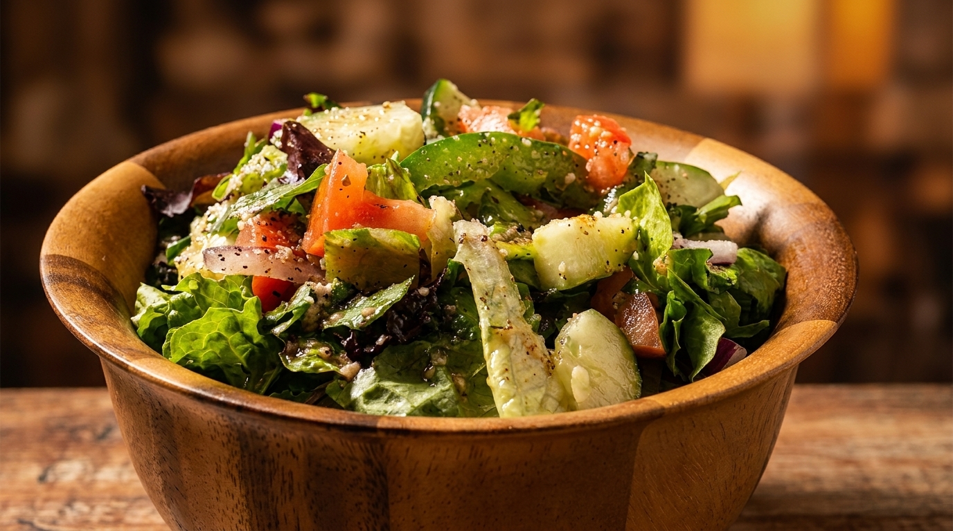 Fresh garden salad with lettuce, tomatoes, cucumbers, and onions in a wooden bowl.